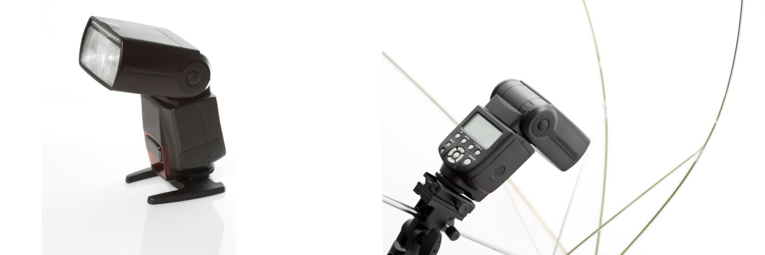 カメラに装着されたクリップオンストロボの発光部。